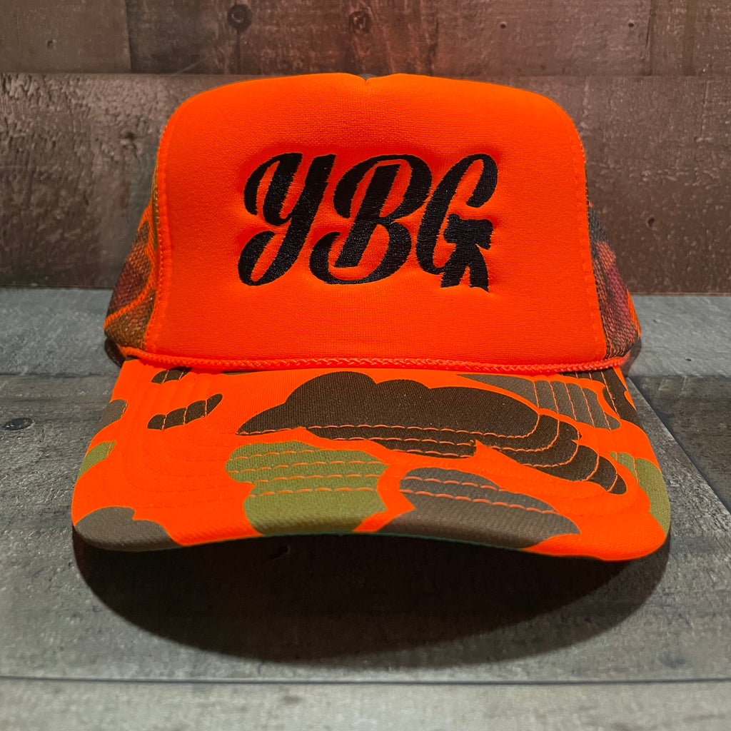 YBG Crown Trucker Hat (Orange Camo)